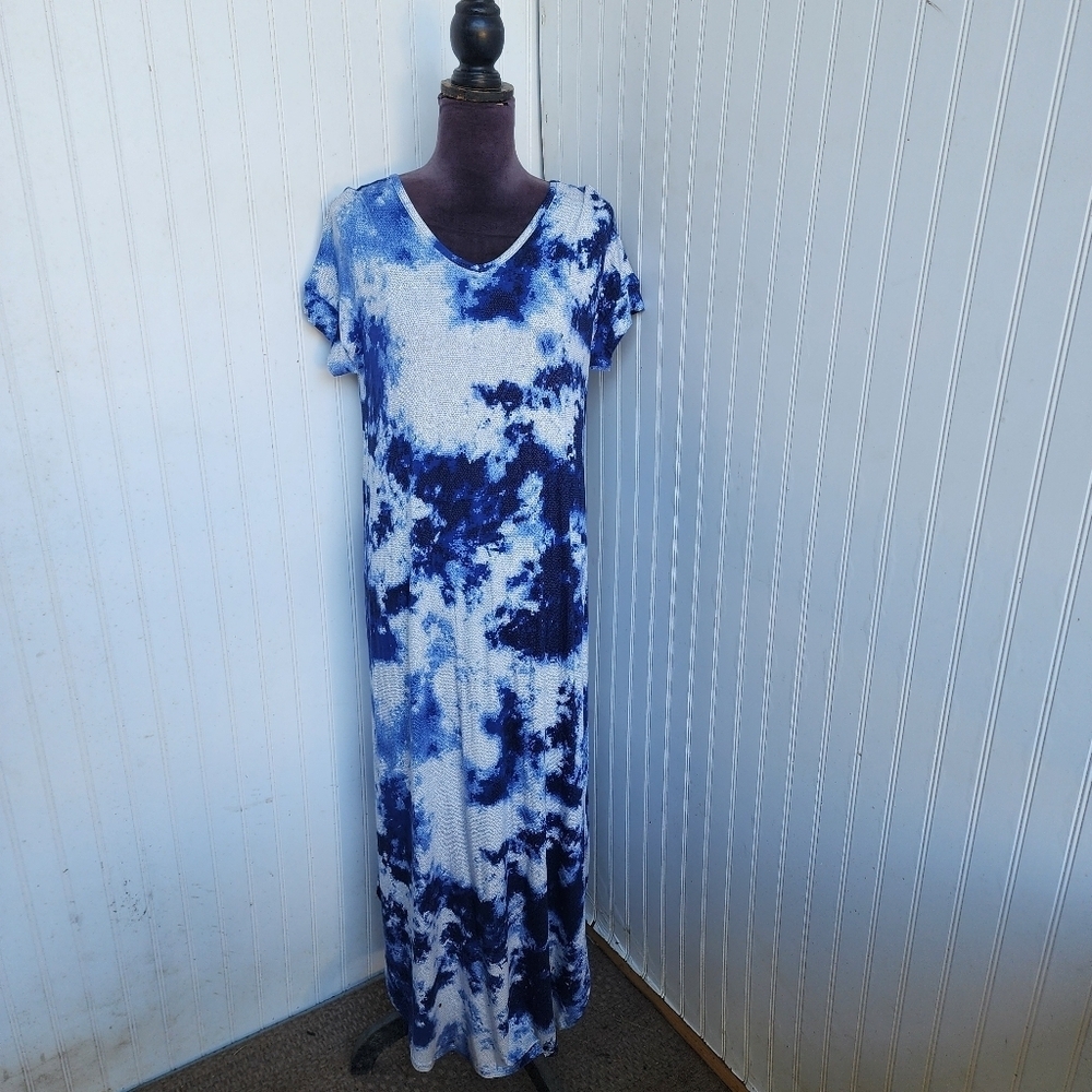 LuLaRoe Womens Stretch Dress Navy Blue White Tie Dye Dress Fit Short Sleeve Sz S